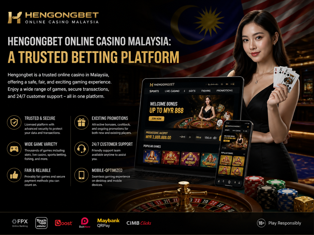 Photo-realistic image illustrating the topic of the article section "Hengongbet Online Casino Malaysia: A Trusted Betting Platform" (about the online casino brand "hengongbet online casino malaysia"): Introduce Hengongbet as a trusted Malaysia online casino. Highlight its popularity, game variety, and key features to be covered in the review.