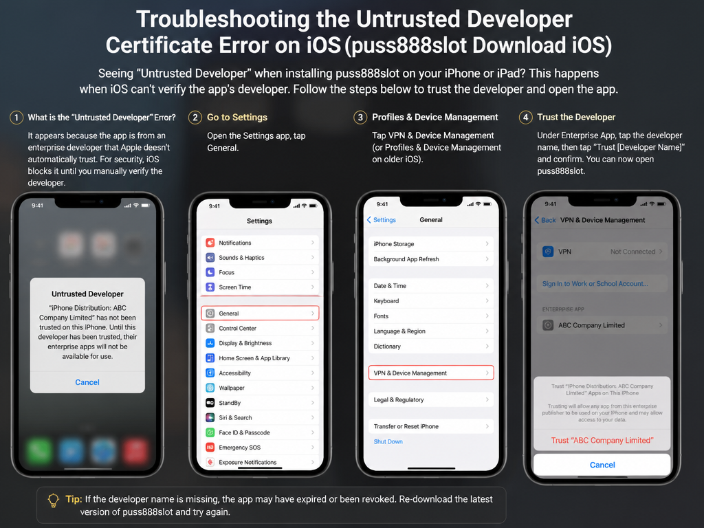 Photo-realistic image illustrating the topic of the article section "Troubleshooting the Untrusted Developer Certificate Error on iOS" (about the online casino brand "puss888slot download ios"): Explain the 'Untrusted Developer' error, why it appears, and how to fix it via Settings > General > Profiles & Device Management. Cover the gap of no troubleshooting for this common iOS issue.