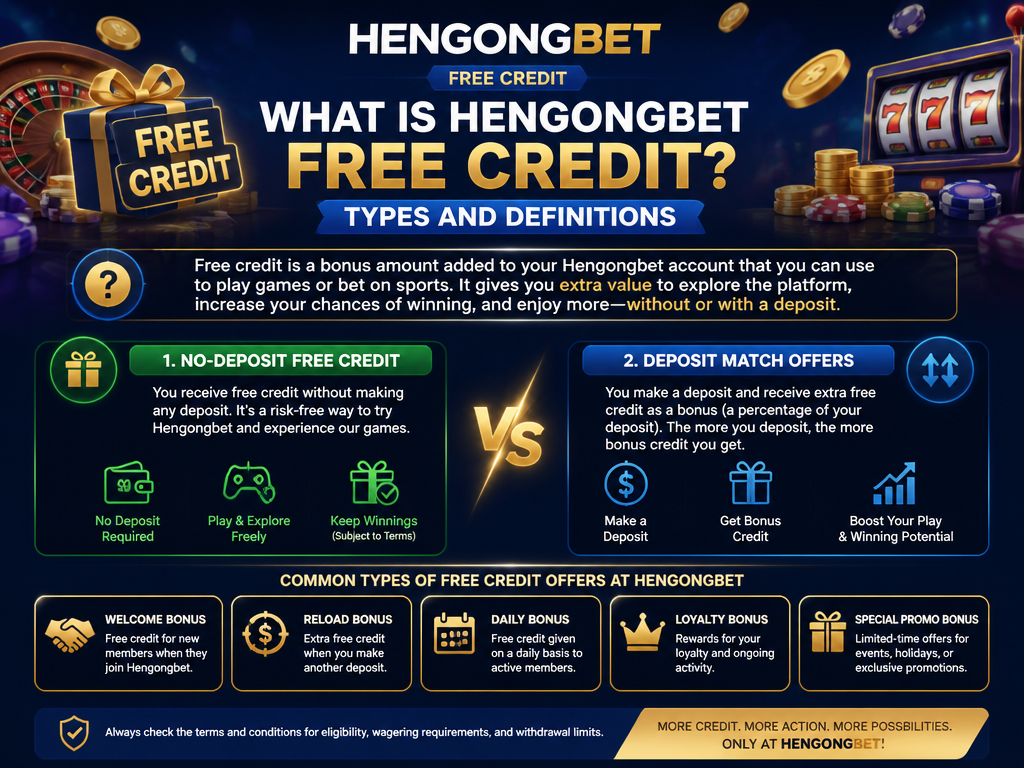 Image illustrating a casino bonus or promotion for the brand "hengongbet free credit", for an article section titled "What Is Hengongbet Free Credit? Types and Definitions": Explain what 'free credit' means in the context of Hengongbet – distinguish between no-deposit free credit and deposit match offers. Cover the gap of no definition of free credit. List common types offered (e.g., welcome bonus, reload bonus).