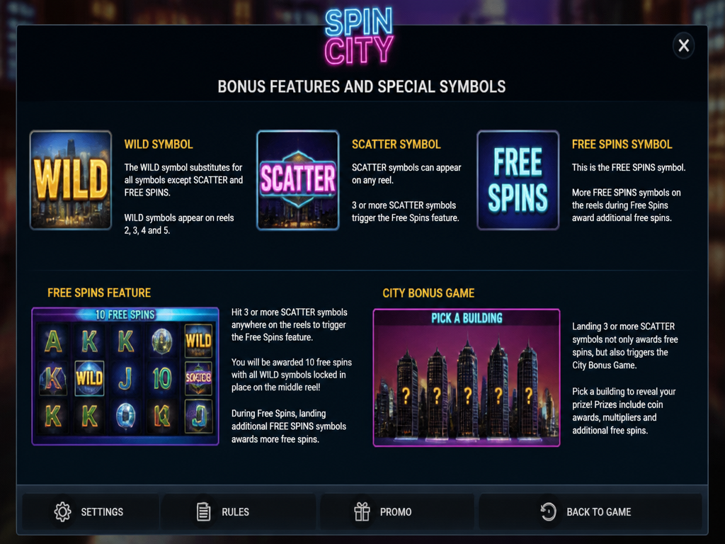 Photo-realistic image illustrating the topic of the article section "Bonus Features and Special Symbols in Spin City" (about the online casino brand "spincity slot"): Describe special symbols (Wild, Scatter, Free Spins) and any bonus game. Fill the gap: no bonus features or special symbols described.