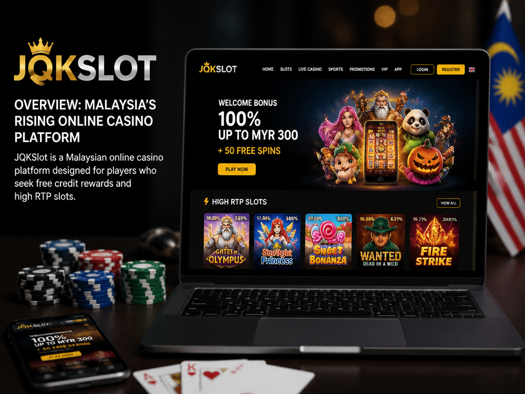 Photo-realistic image illustrating the topic of the article section "JQKSlot Overview: Malaysia’s Rising Online Casino Platform" (about the online casino brand "jqkslot"): Introduce JQKSlot as a Malaysian online casino targeting players seeking free credit and high RTP slots. Cover the brand's positioning, market presence, and brief overview of what the review covers.
