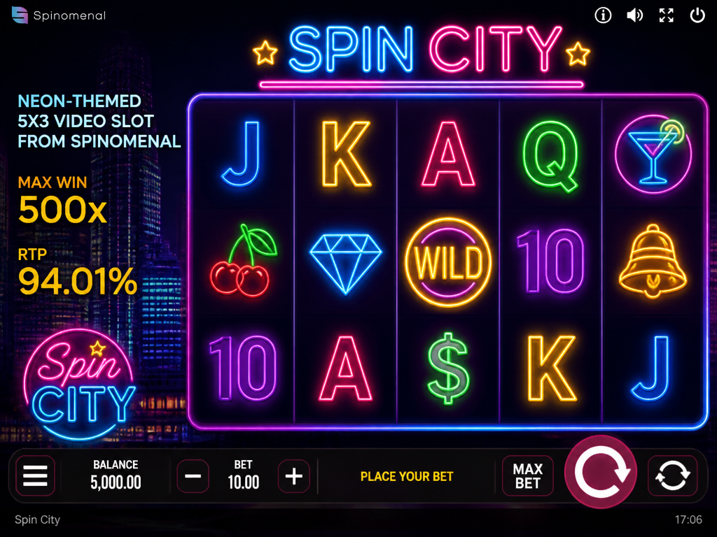 Photo-realistic image illustrating the topic of the article section "Spin City Slot – A Neon-Themed Video Slot from Spinomenal" (about the online casino brand "spincity slot"): Introduce Spin City slot, a neon-themed 5x3 video slot from Spinomenal with max win 500x and RTP 94.01%. Set context for the review.