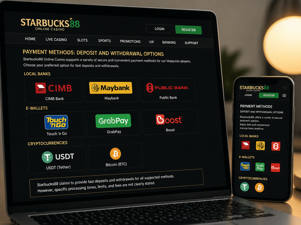 Photo-realistic image illustrating the topic of the article section "Payment Methods: Deposit and Withdrawal Options" (about the online casino brand "starbucks88 online casino"): Cover the gap of no payment methods listed. List common banking options for Malaysian players: local banks (CIMB, Maybank, Public Bank), e-wallets (Touch 'n Go, GrabPay, Boost), and cryptocurrencies (USDT, Bitcoin). Mention that Starbucks88 claims fast deposits and withdrawals but lacks specifics.