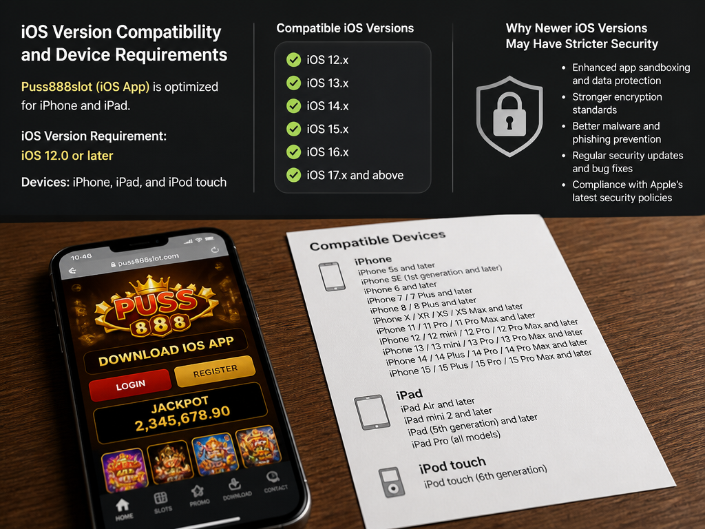Photo-realistic image illustrating the topic of the article section "iOS Version Compatibility and Device Requirements" (about the online casino brand "puss888slot download ios"): List iOS version requirements (e.g., iOS 12+) and compatible device models. Explain why newer iOS versions may have stricter security. Address the gap of no version compatibility details.