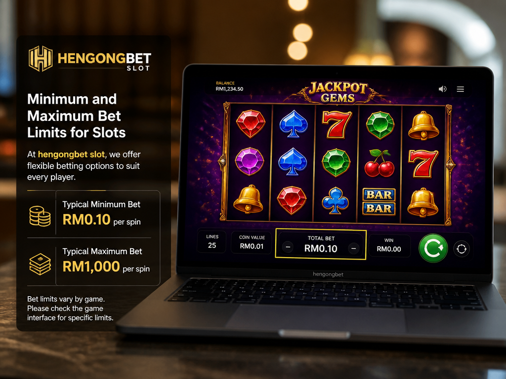 Photo-realistic image illustrating the topic of the article section "Minimum and Maximum Bet Limits for Slots" (about the online casino brand "hengongbet slot"): State typical minimum bet (e.g., RM0.10) and maximum bet (e.g., RM1,000) across slots. Note that limits vary by game. Covers gap: no minimum/maximum bet limits for slots.