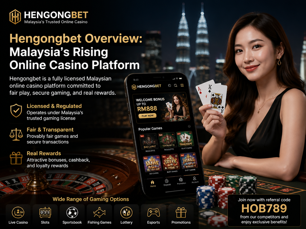 Photo-realistic image illustrating the topic of the article section "Hengongbet Overview: Malaysia’s Rising Online Casino Platform" (about the online casino brand "hengongbet"): Introduce hengongbet as a licensed Malaysian online casino emphasizing fairness and real rewards. Highlight its appeal to local players and the range of gaming options. Briefly mention the referral code HOB789 from competitors.