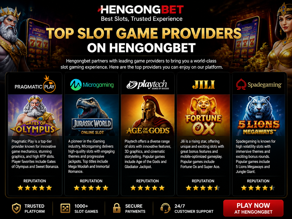 Photo-realistic image illustrating the topic of the article section "Top Slot Game Providers on Hengongbet" (about the online casino brand "hengongbet slot"): Name leading providers such as Pragmatic Play, Microgaming, Playtech, Jili, and Spadegaming. Discuss their reputation and game quality. Covers gap: no list of slot game providers.