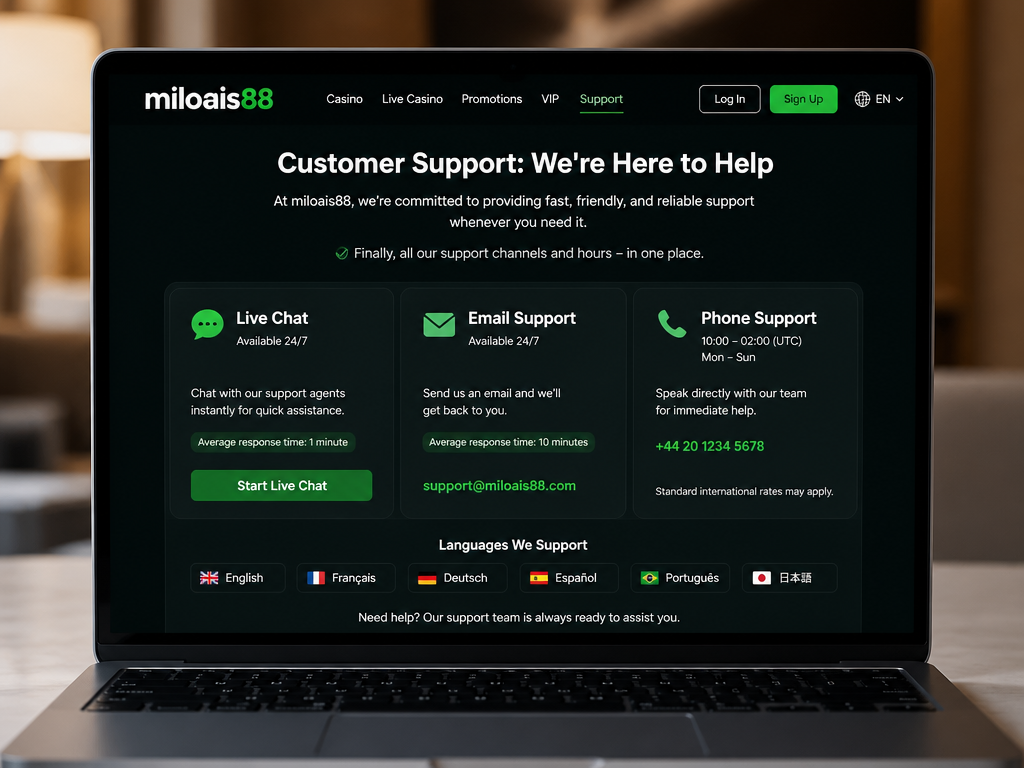 Photo-realistic image illustrating the topic of the article section "Customer Support: Live Chat, Email, and Phone Availability" (about the online casino brand "miloais88"): List customer support channels (live chat, email, phone) and operating hours. Address the gap of missing support info. Mention response times and language options.