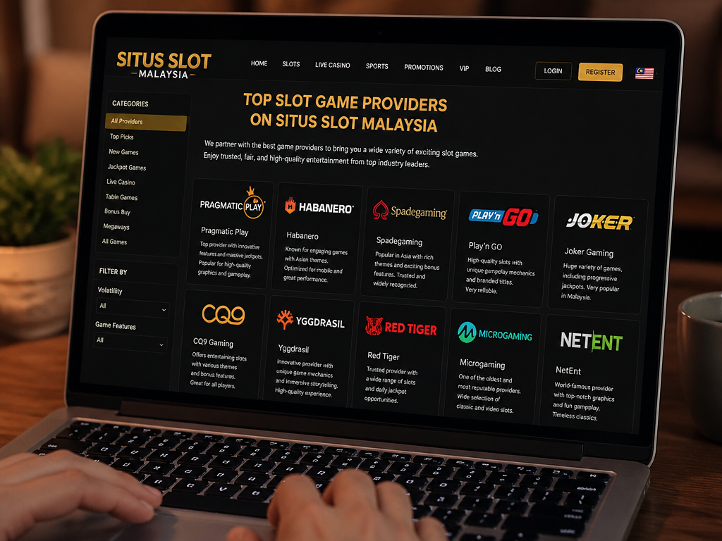 Photo-realistic image illustrating the topic of the article section "Top Slot Game Providers on Situs Slot Malaysia" (about the online casino brand "situs slot malaysia"): List popular providers like Pragmatic Play, Habanero, Spadegaming. Explain their reputation and game variety. Cover gap: missing slot provider names popular in Malaysia.