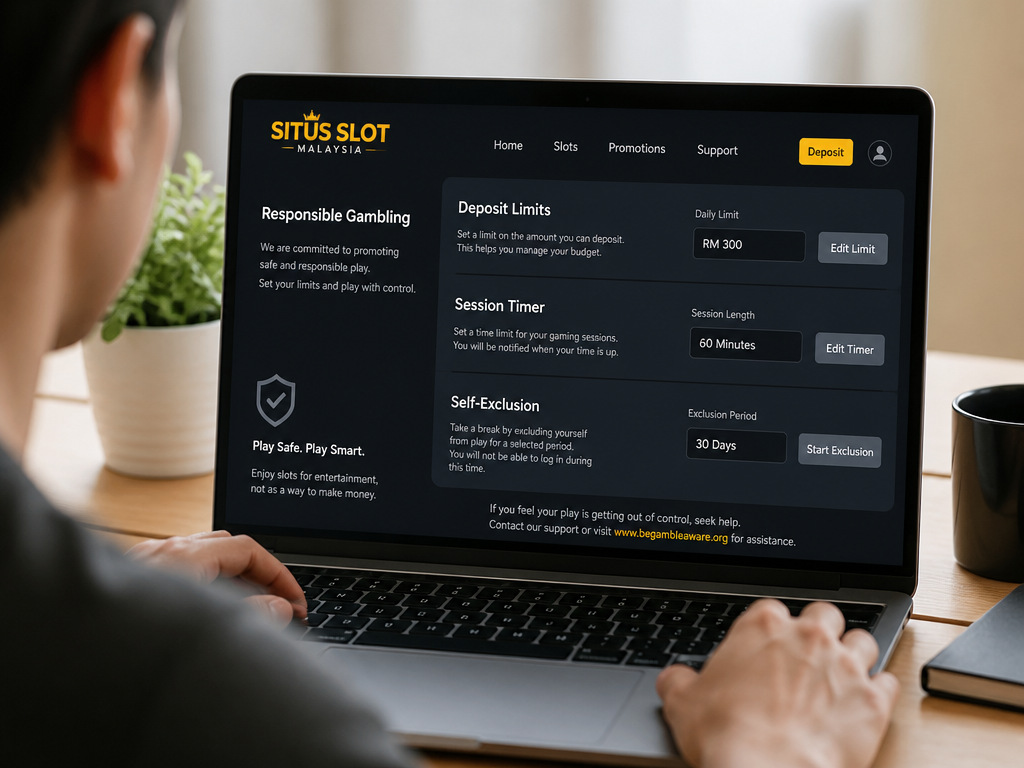 Photo-realistic image illustrating the topic of the article section "Responsible Gambling Tools for Slot Play" (about the online casino brand "situs slot malaysia"): List deposit limits, session timers, self-exclusion. Emphasize safe play. Cover gap: no responsible gambling tools specific to slots.