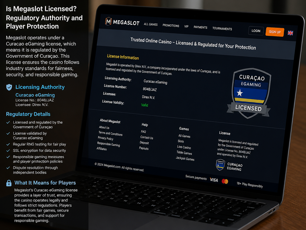 Photo-realistic image illustrating the topic of the article section "Is Megaslot Licensed? Regulatory Authority and Player Protection" (about the online casino brand "megaslot"): State the licensing authority (e.g., PAGCOR, Curacao eGaming) and regulatory details. Cover the gap of no licensing info. Explain what it means for player safety.