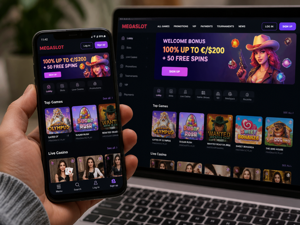Photo-realistic image illustrating the topic of the article section "Megaslot Mobile App: Download, Compatibility, and Gaming on the Go" (about the online casino brand "megaslot"): Discuss mobile compatibility: dedicated app (APK for Android) vs mobile browser. Cover the gap of no mobile app details. Mention download process, features, and performance.