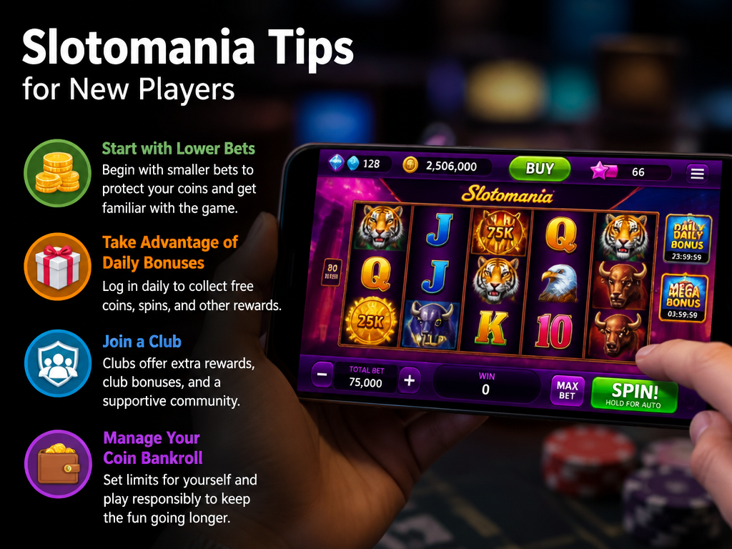 Photo-realistic image illustrating the topic of the article section "Gameplay Tips and Strategies for New Players" (about the online casino brand "slotomania"): Provide practical tips: start with lower bets, take advantage of daily bonuses, join a club for extra rewards, and manage coin bankroll. Covers the gap of no guidance on gameplay strategies or tips for new players.