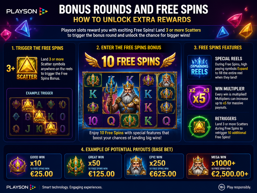Image illustrating the online casino game or provider "Playson", for an article section titled "Bonus Rounds and Free Spins - How to Unlock Extra Rewards": Explain the free spins bonus round triggered by 3+ Scatters. Describe any retriggers, special reels, or win multipliers during free spins. Include example of potential payouts. Cover gap of missing bonus round details.