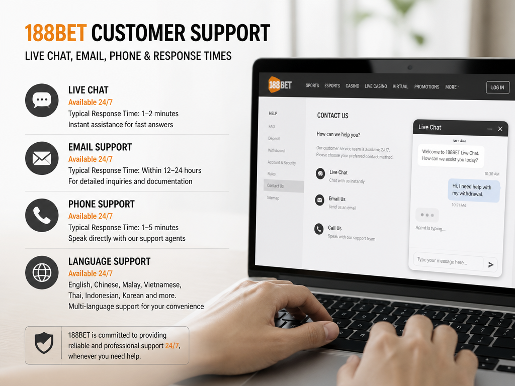 Photo-realistic image illustrating the topic of the article section "188bet Customer Support – Live Chat, Email, Phone, and Response Times" (about the online casino brand "188bet"): Describe customer support channels: live chat, email, phone availability, and typical response times. Mention language support and 24/7 availability. Address gap: no customer support channel specifics.