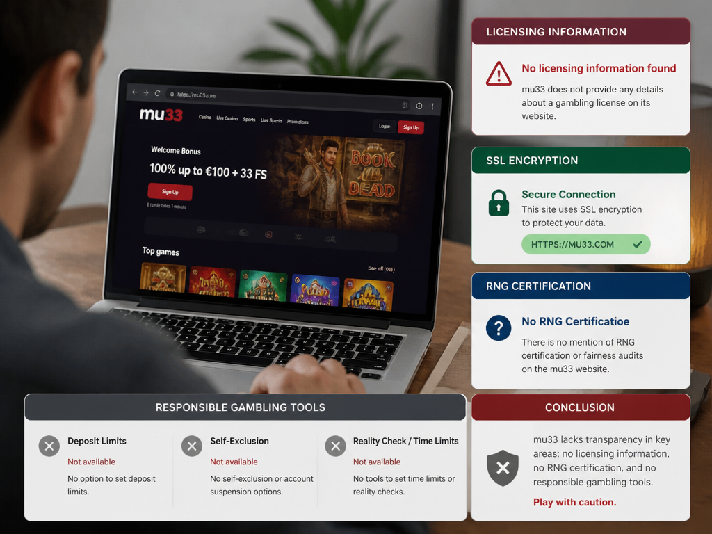 Photo-realistic image illustrating the topic of the article section "Security, Licensing, and Responsible Gambling" (about the online casino brand "mu33"): Covers licensing (if any), SSL encryption, RNG certification, and responsible gambling tools (deposit limits, self-exclusion); addresses gaps of no licensing info and no responsible gambling features.