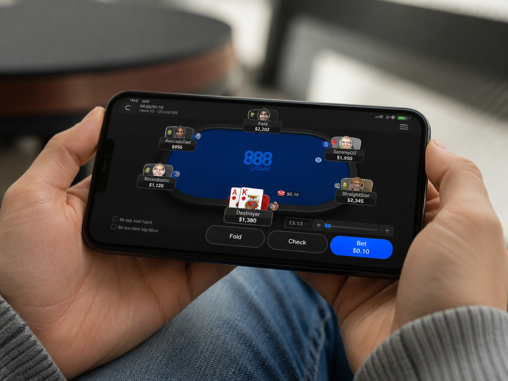 Photo-realistic image illustrating the topic of the article section "Mobile Poker Experience with 888poker App" (about the online casino brand "888poker"): Review mobile app (iOS/Android) functionality, user interface, stability, and whether all features (cash games, tournaments, banking) are available on mobile. Covers gap: mobile experience (part of software features).