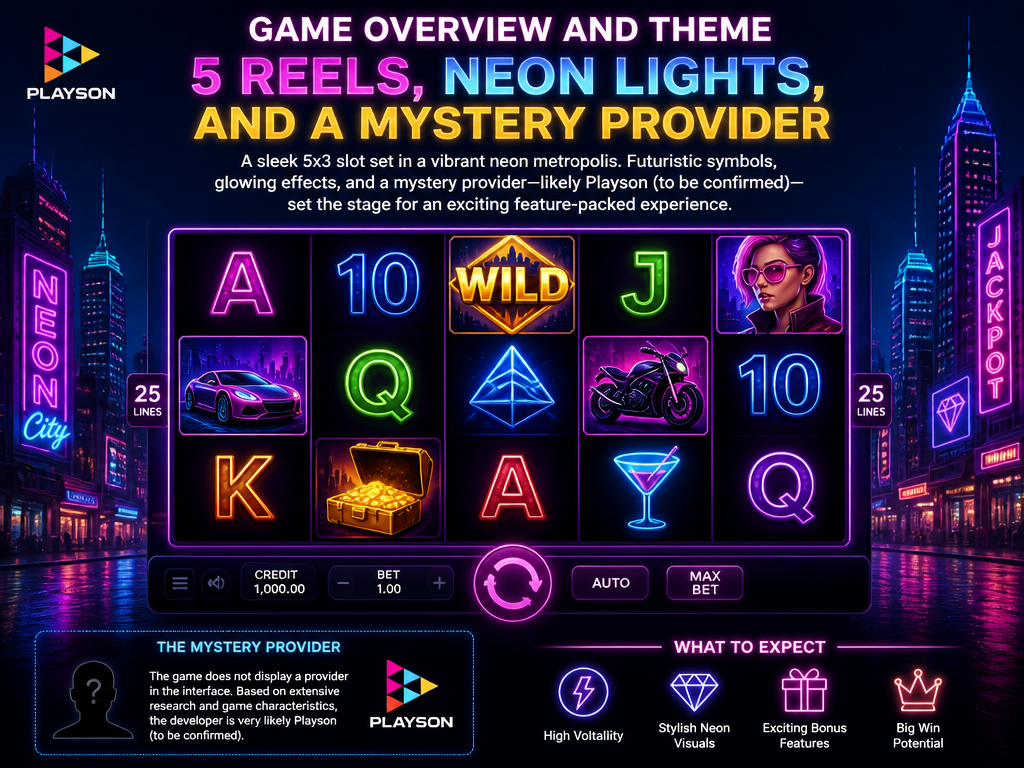 Image illustrating the online casino game or provider "Playson", for an article section titled "Game Overview and Theme - 5 Reels, Neon Lights, and a Mystery Provider": Describe the 5x3 reel layout, neon city theme, and vibrant graphics. Cover the gap of missing provider name: research indicates the developer is likely Playson (to be confirmed). Set the stage for detailed feature discussion.