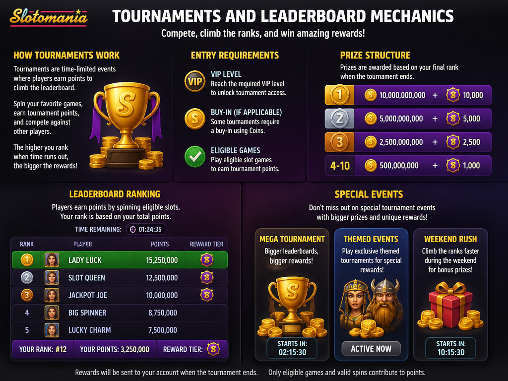 Photo-realistic image illustrating the topic of the article section "Tournaments and Leaderboard Mechanics" (about the online casino brand "slotomania"): Describe how tournaments work, entry requirements, prize structures (coins, bonuses), and leaderboard ranking. Mention special events. Covers the gap of absence of tournament rules, prize structures, or leaderboard mechanics.