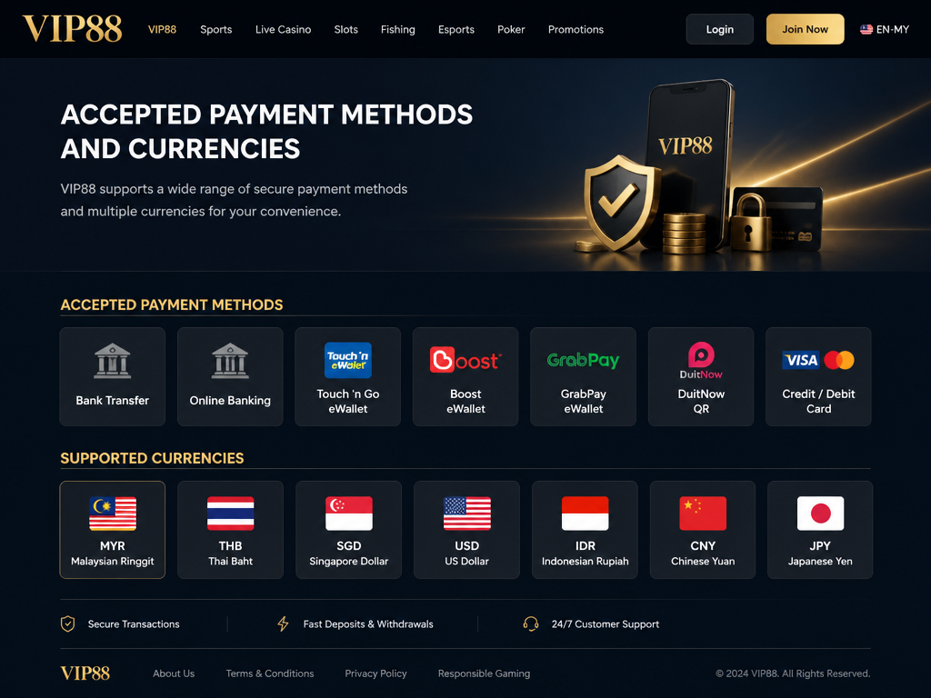 Photo-realistic image illustrating the topic of the article section "VIP88 Accepted Payment Methods and Currencies" (about the online casino brand "vip88"): List accepted payment methods (bank transfer, e-wallets, etc.) and currencies (MYR, THB, etc.). Gap: no accepted payment methods or currencies.