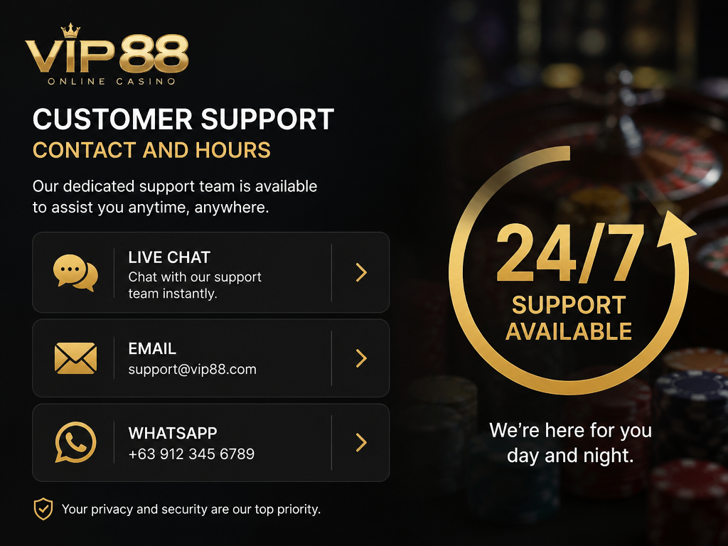 Photo-realistic image illustrating the topic of the article section "VIP88 Customer Support Contact and Hours" (about the online casino brand "vip88"): Provide customer support contact details (live chat, email, WhatsApp) and hours (24/7). Gap: no customer support contact details or hours.
