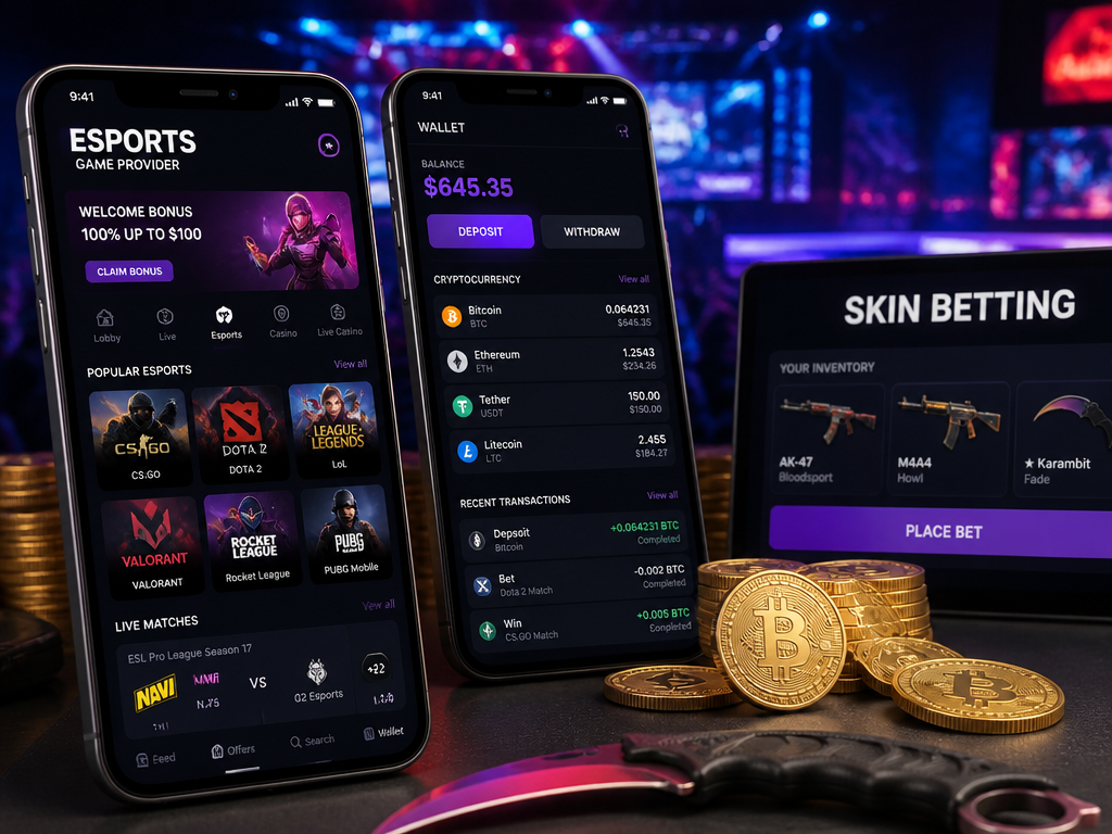 Photo-realistic image illustrating the topic of the article section "Mobile Casino Apps and Cryptocurrency Betting for Esports" (about the online casino brand "esports game provider"): Cover mobile apps/APKs that include esports game categories. Discuss cryptocurrency and skin betting options. Cover gaps: missing mobile apps/APKs and skin betting/crypto.