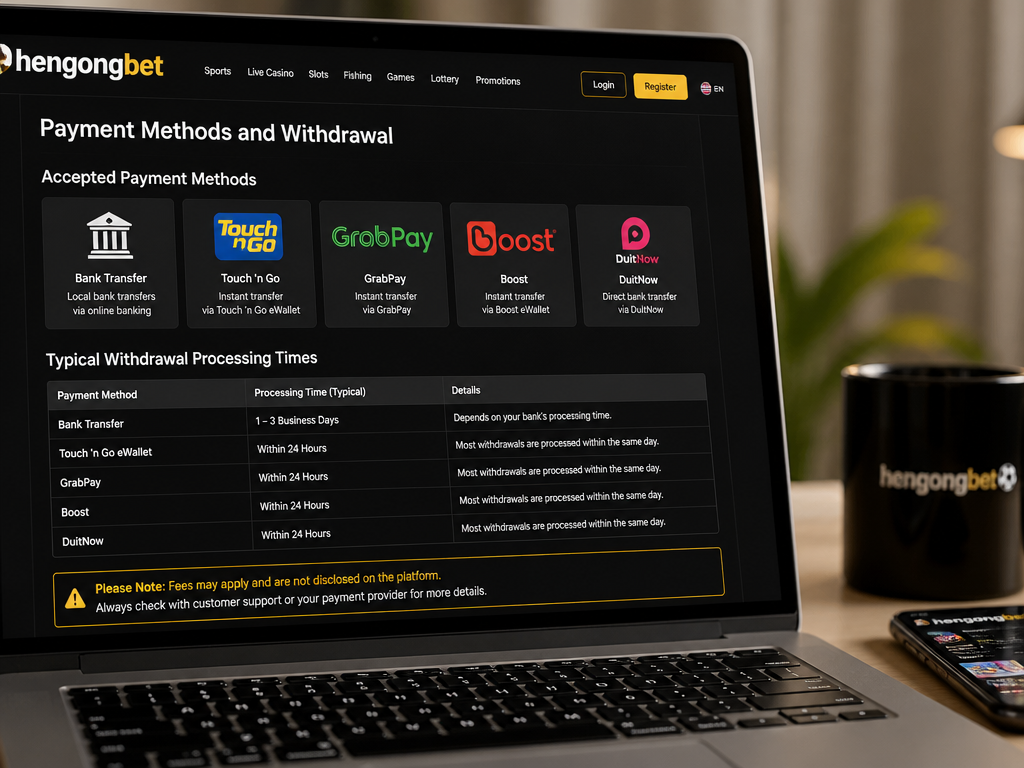 Photo-realistic image illustrating the topic of the article section "Payment Methods and Withdrawal Speeds at hengongbet" (about the online casino brand "hengongbet"): List accepted payment methods (likely bank transfers, e-wallets like Touch ‘n Go, GrabPay) and typical withdrawal processing times. Highlight the missing information on the platform – this addresses the payment methods and withdrawal times gap. Caution that undisclosed fees may apply.