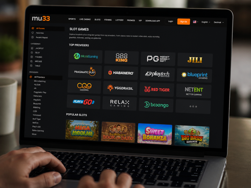 Photo-realistic image illustrating the topic of the article section "Slot Games and Software Providers: MicroGaming and 888King" (about the online casino brand "mu33"): Lists software providers (MicroGaming, 888King, others); discusses slot quality and variety; directly covers the gap of missing provider list beyond 888King and MicroGaming.
