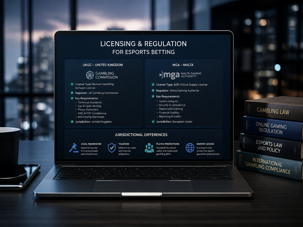 Photo-realistic image illustrating the topic of the article section "Licensing and Regulation for Esports Betting" (about the online casino brand "esports game provider"): Discuss regulatory bodies (e.g., UKGC, MGA) and how they license esports game providers. Mention jurisdictional differences. Cover gap: ignores regulatory aspects for esports betting.