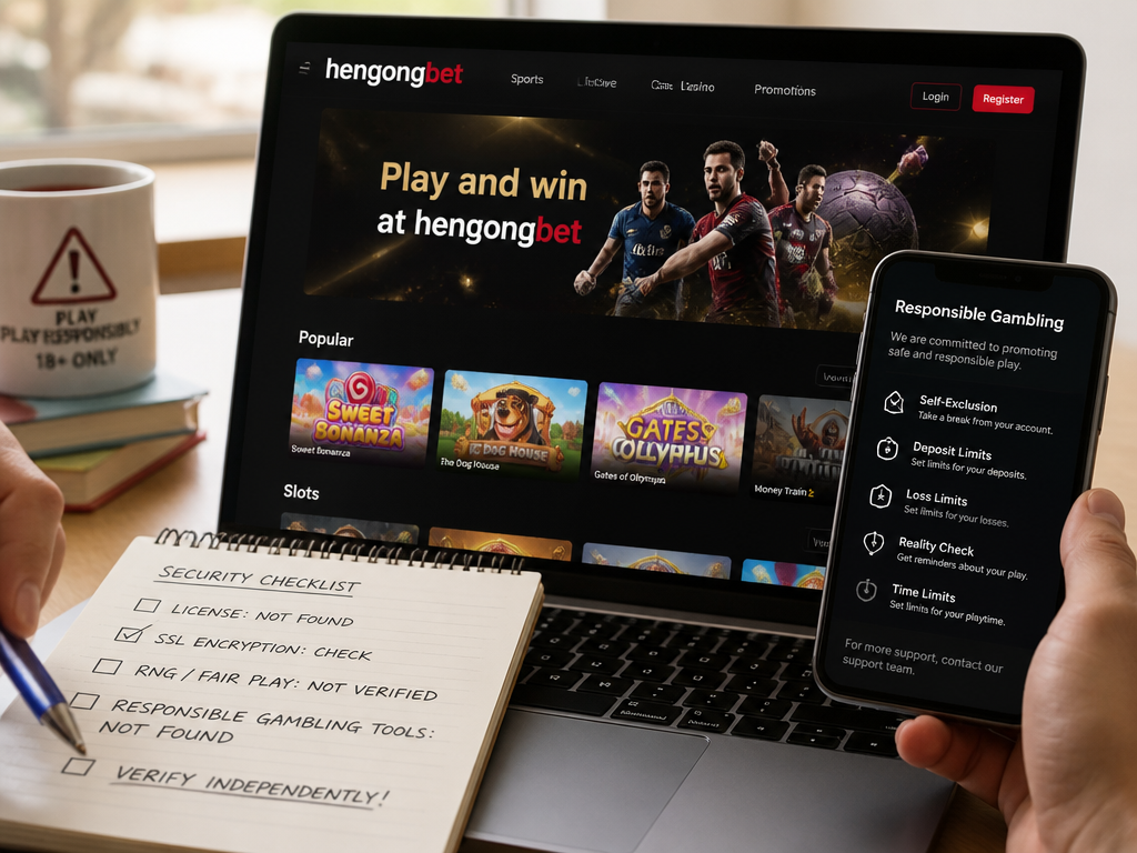Photo-realistic image illustrating the topic of the article section "Security, Licensing, and Responsible Gambling at hengongbet" (about the online casino brand "hengongbet"): Examine claims of being licensed and trusted. Note that no regulatory license or authority is cited – this addresses the license gap. Discuss data encryption and fair play assertions. Advise players to verify security measures independently. Add mention of responsible gambling tools (self-exclusion, limits) which are absent – this addresses that gap.
