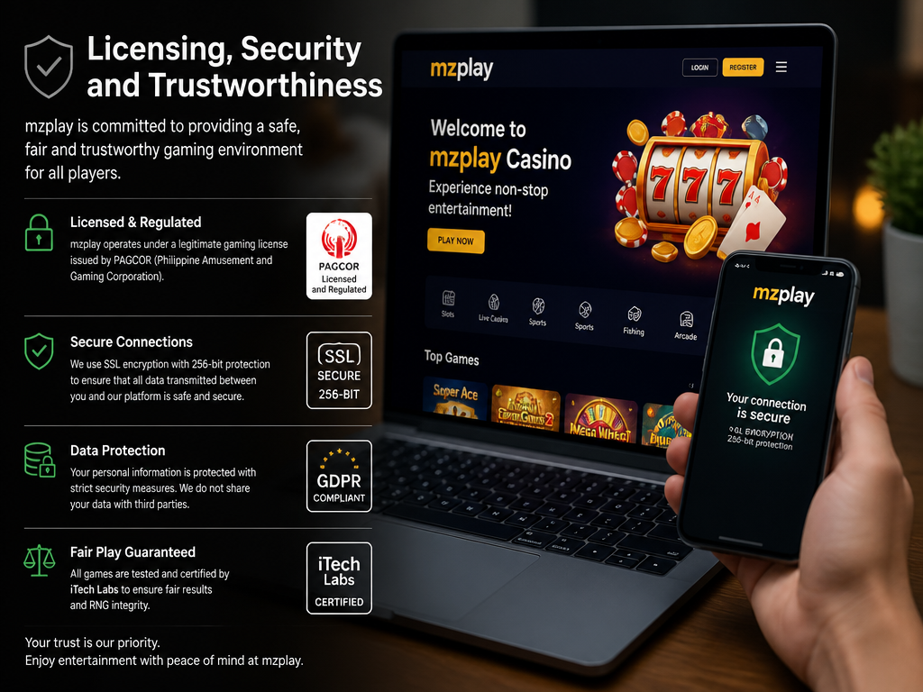 Photo-realistic image illustrating the topic of the article section "Licensing, Security and Trustworthiness" (about the online casino brand "mzplay download"): Cover licensing (e.g., PAGCOR or Curacao eGaming), SSL encryption, data protection, and fair game certification. Address trust concerns. Gap: no security/license info.