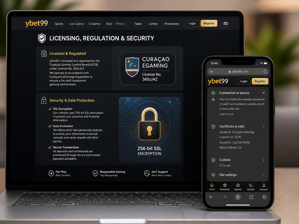 Photo-realistic image illustrating the topic of the article section "Licensing, Regulation, and Security" (about the online casino brand "ybet99"): State the licensing authority (if known, e.g., Curaçao eGaming) and security measures (SSL encryption, data protection). Address the gap: no licensing or security info.