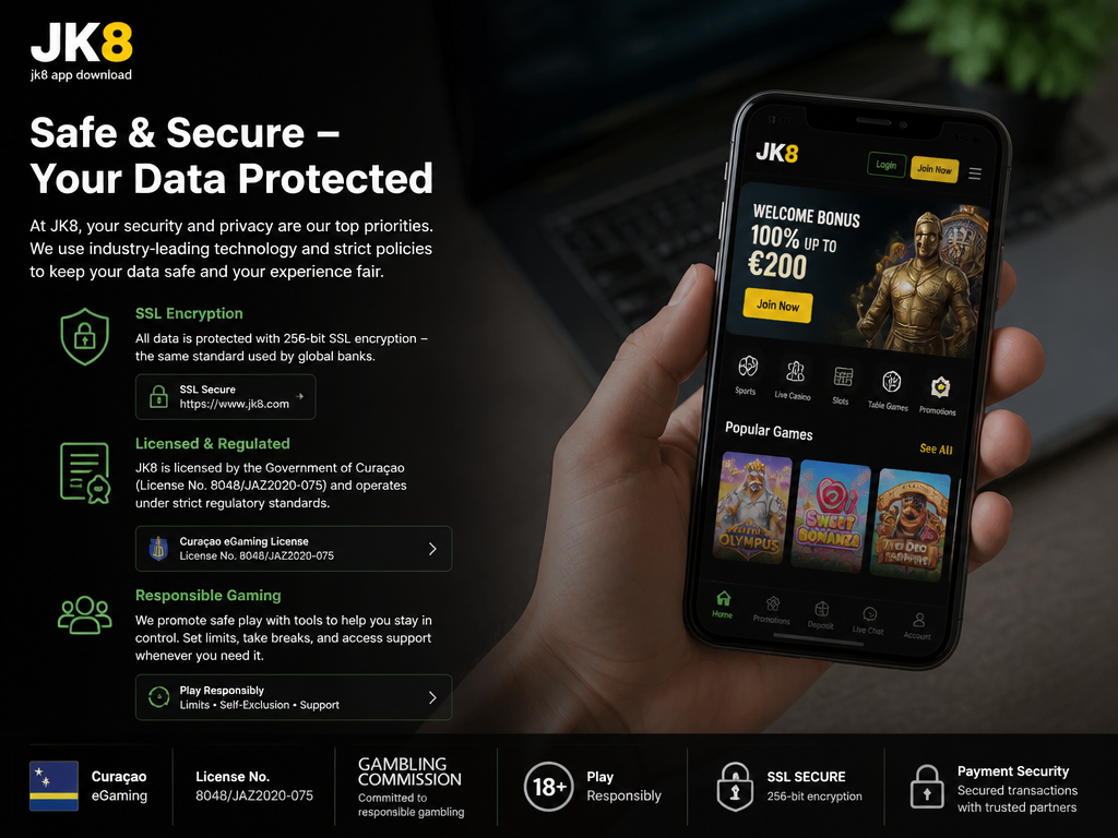 Photo-realistic image illustrating the topic of the article section "Safe & Secure – Your Data Protected" (about the online casino brand "jk8 app download"): Explain security measures (encryption, licensing, responsible gambling). Cover gap: unsupported security claims – provide evidence (e.g., SSL, license number).