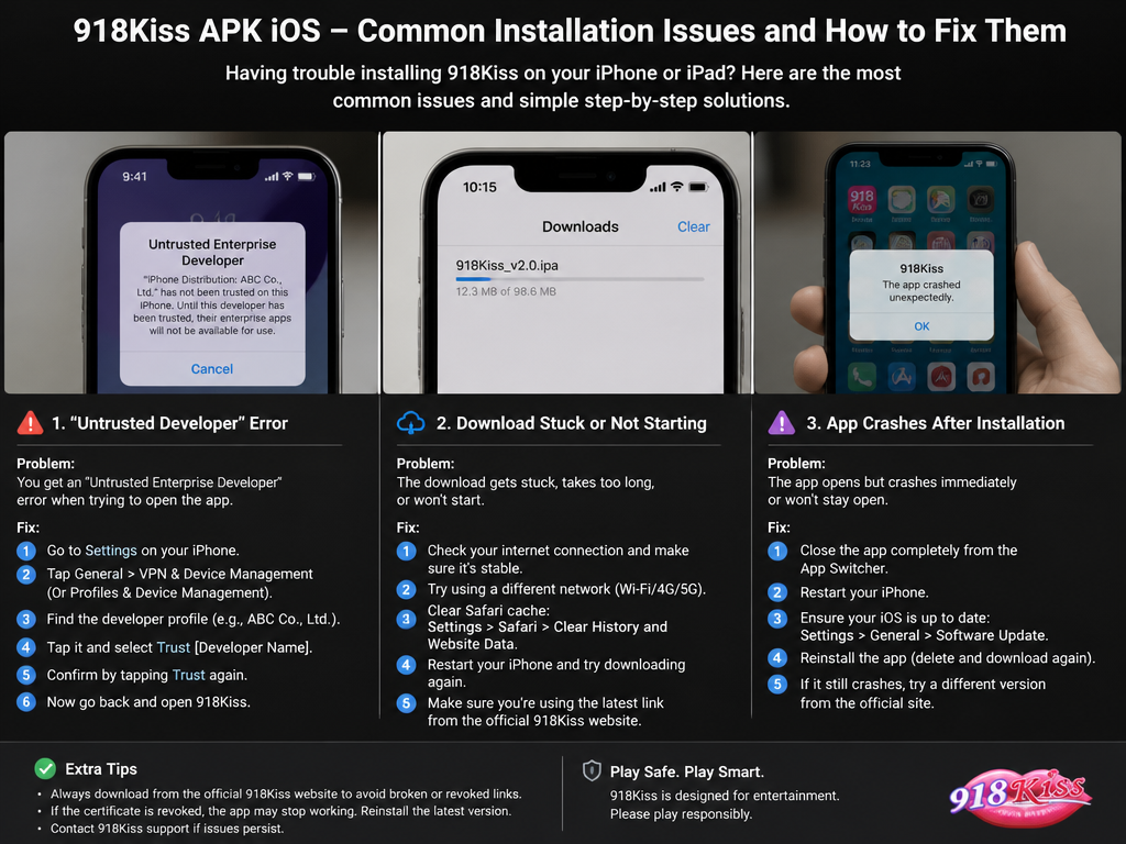 Photo-realistic image illustrating the topic of the article section "Common Installation Issues and How to Fix Them" (about the online casino brand "918kiss apk ios"): List frequent problems: 'Untrusted Developer' error, download stuck, app crashes after install; provide step-by-step fixes; cover the gap of no troubleshooting guidance.