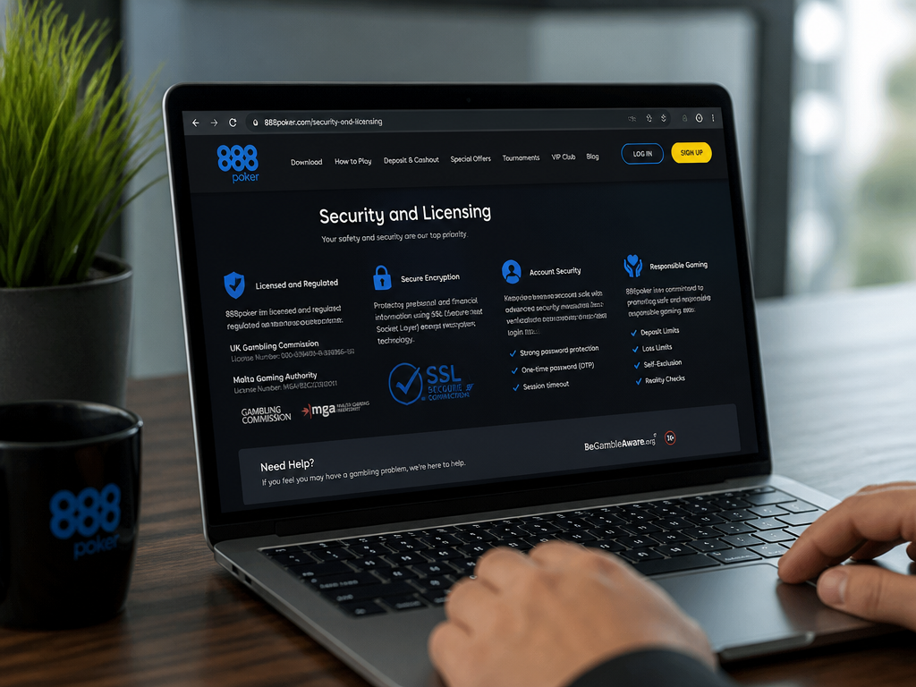 Photo-realistic image illustrating the topic of the article section "Security and Licensing of 888poker" (about the online casino brand "888poker"): Outline licensing (UK Gambling Commission, Malta Gaming Authority), SSL encryption, account security, and responsible gaming tools (deposit limits, self-exclusion). Covers gap: security/licensing explanation.