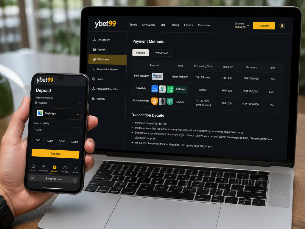 Photo-realistic image illustrating the topic of the article section "Payment Methods and Transaction Details" (about the online casino brand "ybet99"): Explain deposit and withdrawal methods (bank transfer, e-wallets, crypto), processing times, minimum/maximum limits. Address the gap: missing payment specifics.