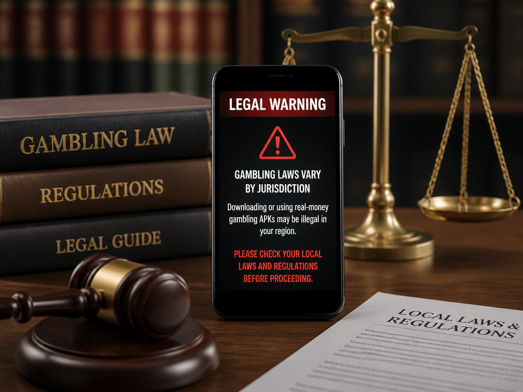 Photo-realistic image illustrating the topic of the article section "Legal and Jurisdictional Warnings for Gambling APK Downloads" (about the online casino brand "slot game apk download"): Explain that gambling laws vary; downloading real-money gambling APKs may be illegal in some regions; advise to check local laws. Covers gap: legal warnings.