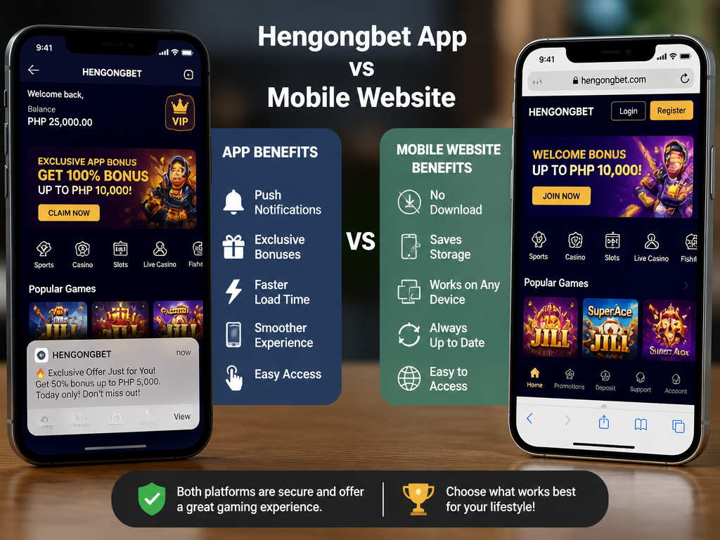 Photo-realistic image illustrating the topic of the article section "Hengongbet App vs Mobile Website – Which Is Better?" (about the online casino brand "hengongbet apk"): Compare app benefits (push notifications, exclusive bonuses, faster load) vs mobile site (no download, saves storage). Covers gap: app vs mobile website comparison.