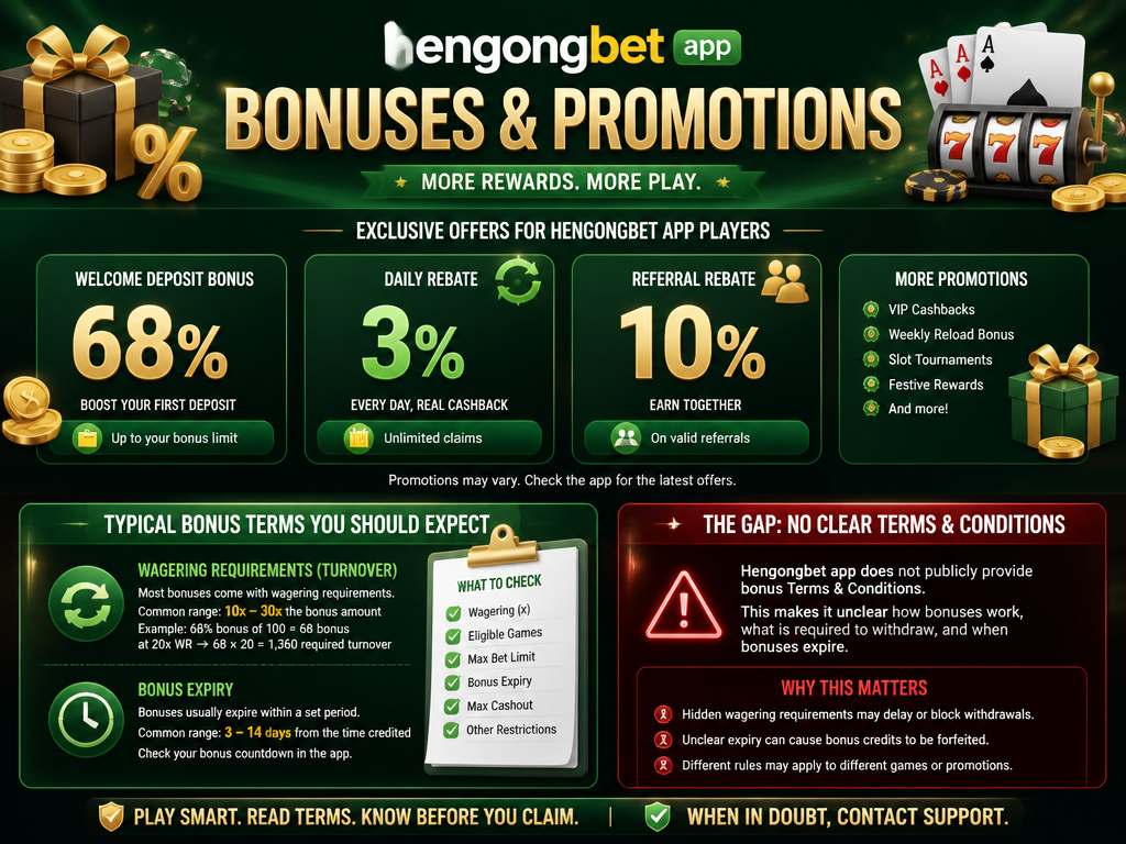 Image illustrating a casino bonus or promotion for the brand "hengongbet app", for an article section titled "Bonuses and Promotions with Key Terms": Cover bonus offers (deposit 68%, daily rebate 3%, referral rebate 10%, etc.) and the gap: no bonus terms and conditions. Explain typical wagering requirements and expiry that players should expect.