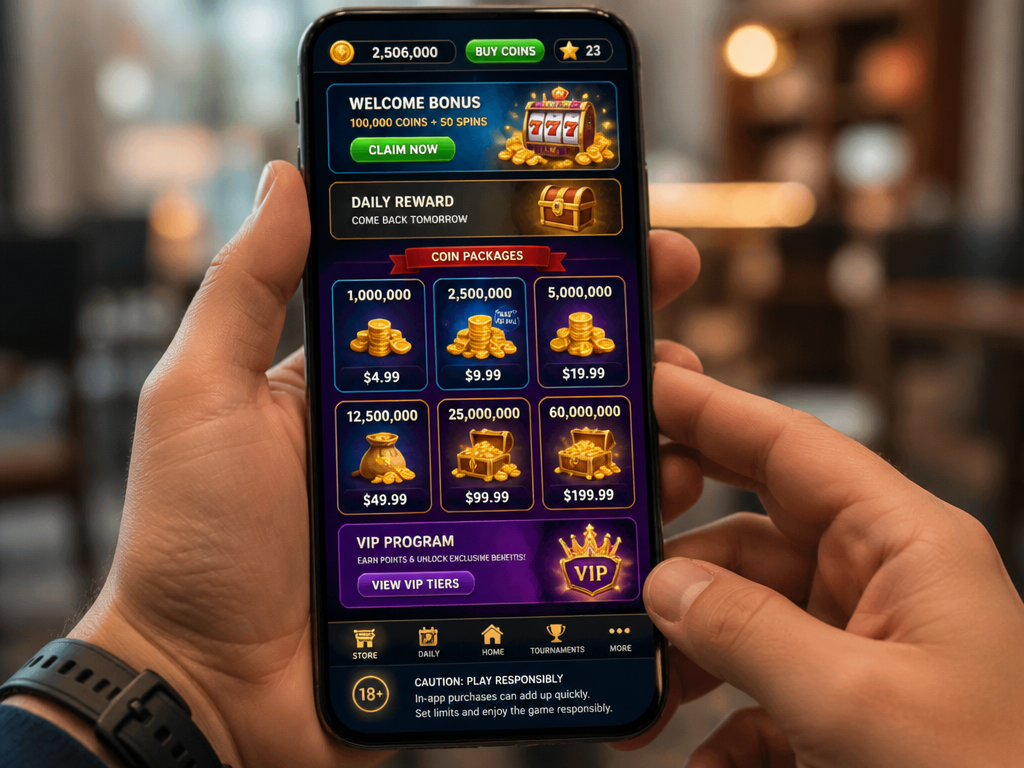 Photo-realistic image illustrating the topic of the article section "Bonus Features and In-App Purchases in Slot Game APKs" (about the online casino brand "slot game apk download"): Discuss welcome bonuses, daily rewards, coin packages, VIP programs. Caution about spending. Covers gap: bonus features/in-app purchases.