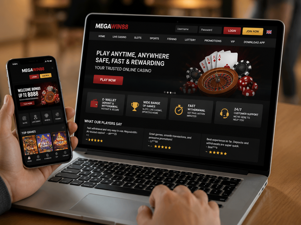 Photo-realistic image illustrating the topic of the article section "User Feedback and What Makes Megawin88 Unique" (about the online casino brand "megawin88"): Summarize user testimonials (if available) and independent review snippets. Explain the brand's unique selling proposition: e-wallet integration vs. traditional casino, ease of use, fast withdrawals. Address gaps of missing testimonials and USP explanation.