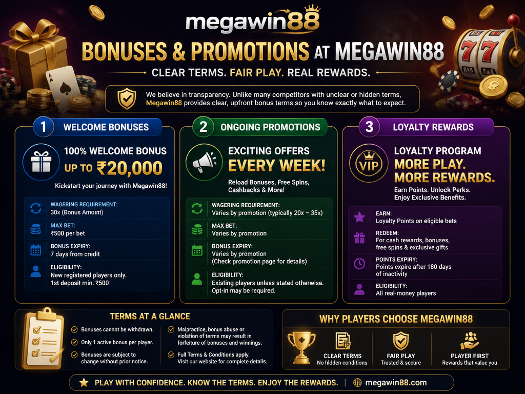 Image illustrating a casino bonus or promotion for the brand "megawin88", for an article section titled "Bonuses and Promotions at Megawin88 – Terms and Conditions": Detail welcome bonuses, ongoing promotions, and loyalty rewards. Include wagering requirements, expiry dates, and eligibility. Address the gap of unclear bonus terms in competitor pages.