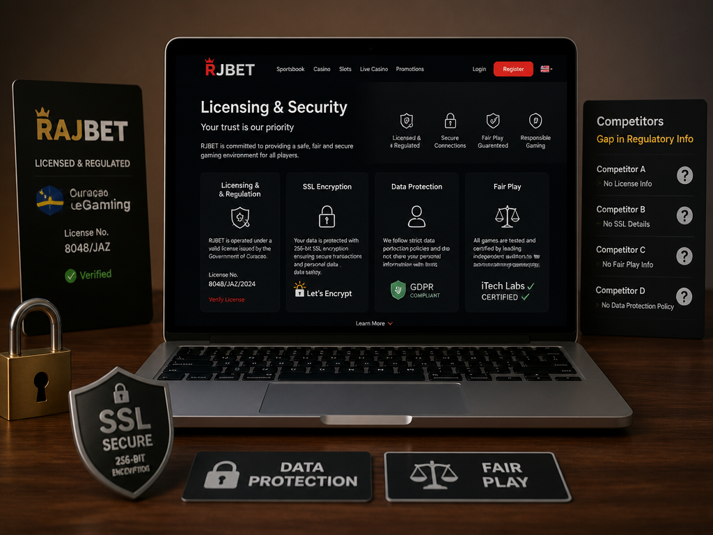 Photo-realistic image illustrating the topic of the article section "Licensing and Security" (about the online casino brand "rjbet"): Investigate RJBET's licensing (contrast with Rajbet's Curaçao license), SSL encryption, data protection, and fair play assurances. Address competitor gap on regulatory info.