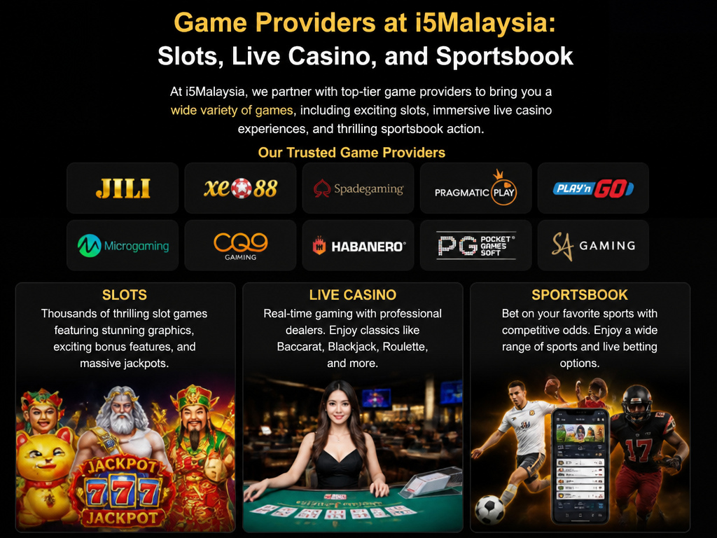 Photo-realistic image illustrating the topic of the article section "Game Providers at i5Malaysia: Slots, Live Casino, and Sportsbook" (about the online casino brand "i5malaysia"): List game providers available (e.g., Jili, Xe88, Spadegaming). Cover the gap of missing provider information. Mention variety of slots, live casino, and sportsbook.