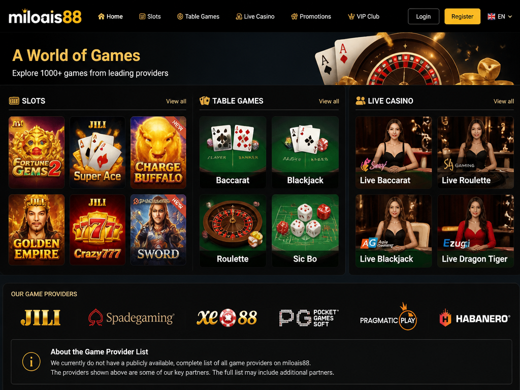 Photo-realistic image illustrating the topic of the article section "Game Selection and Software Providers" (about the online casino brand "miloais88"): Describe the variety of games (slots, table games, live casino). Name key providers like Jili, Spadegaming, and Xe88. Address the gap of absent game provider list.