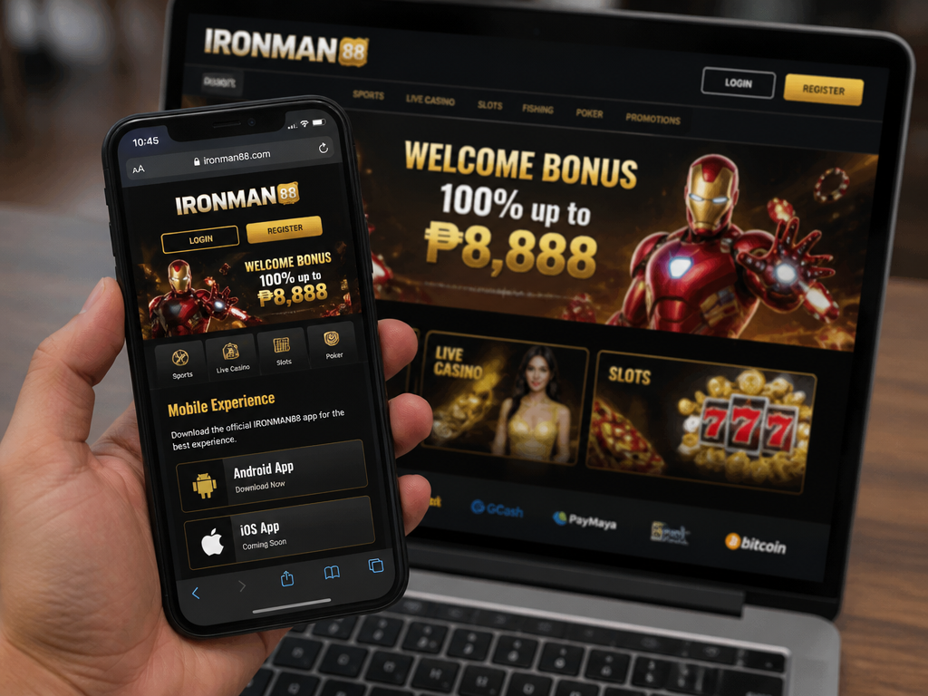 Photo-realistic image illustrating the topic of the article section "Mobile Experience – Ironman88 App Download and Compatibility" (about the online casino brand "ironman88"): Discuss mobile app availability (iOS/Android), download links, APK installation steps, and browser compatibility. Gap addressed: missing mobile app and APK instructions.