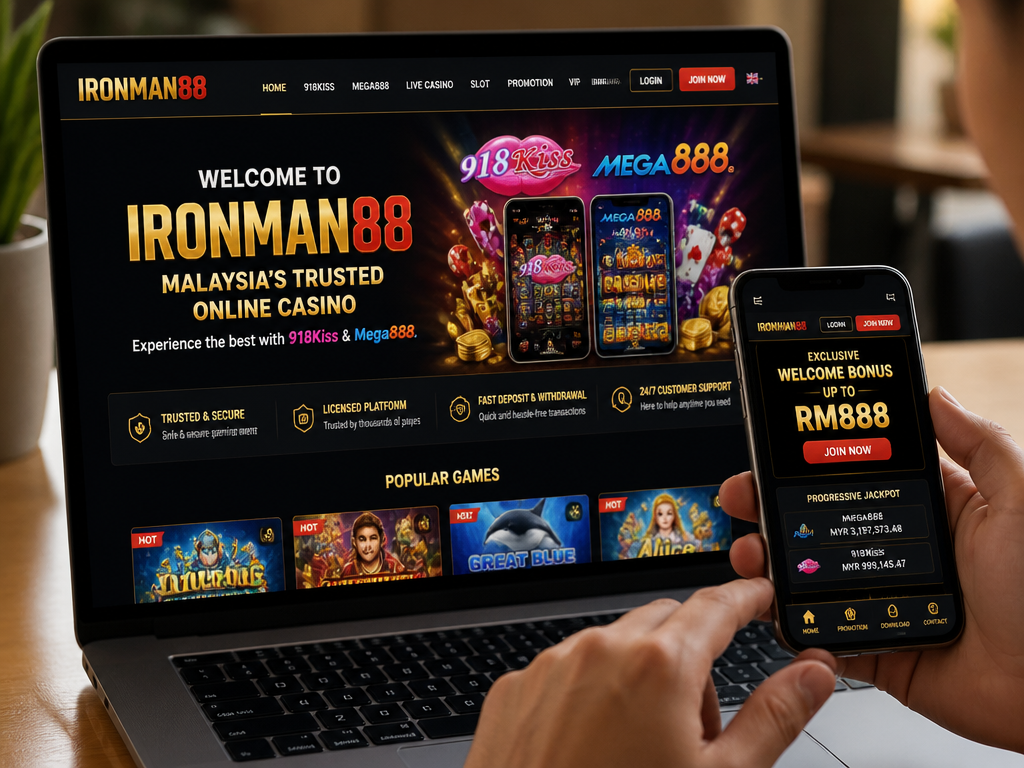 Photo-realistic image illustrating the topic of the article section "Ironman88 Overview – A Trusted Malaysian Online Casino Platform" (about the online casino brand "ironman88"): Introduce Ironman88 as a popular online casino in Malaysia, highlighting its association with 918Kiss and Mega888. Cover its reputation and target audience. Gap addressed: general overview.
