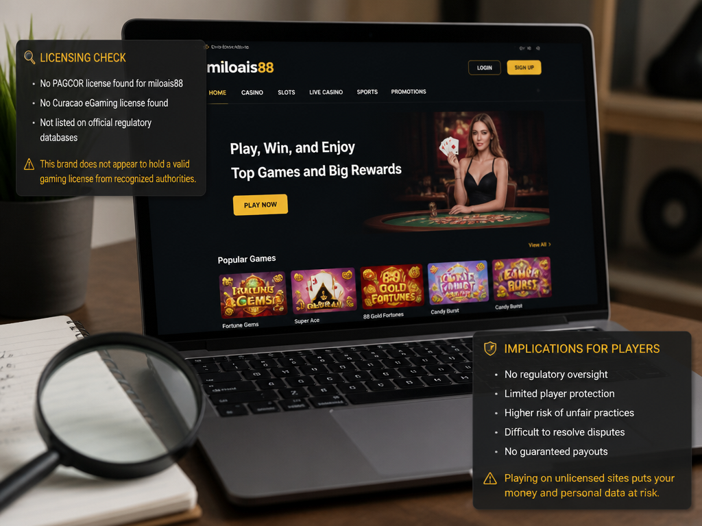 Photo-realistic image illustrating the topic of the article section "Licensing and Regulatory Information" (about the online casino brand "miloais88"): Investigate if Miloais88 holds a valid license (e.g., PAGCOR, Curacao). Discuss implications for player safety. Cover the gap of missing licensing info.