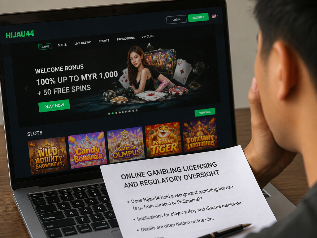 Photo-realistic image illustrating the topic of the article section "Hijau44 Licensing and Regulatory Oversight" (about the online casino brand "hijau44"): Cover gap: no explanation of licensing. Discuss whether Hijau44 holds a recognized gambling license (e.g., from Curacao or Philippines). Mention implications for player safety and dispute resolution. Note that details are often hidden on the site.