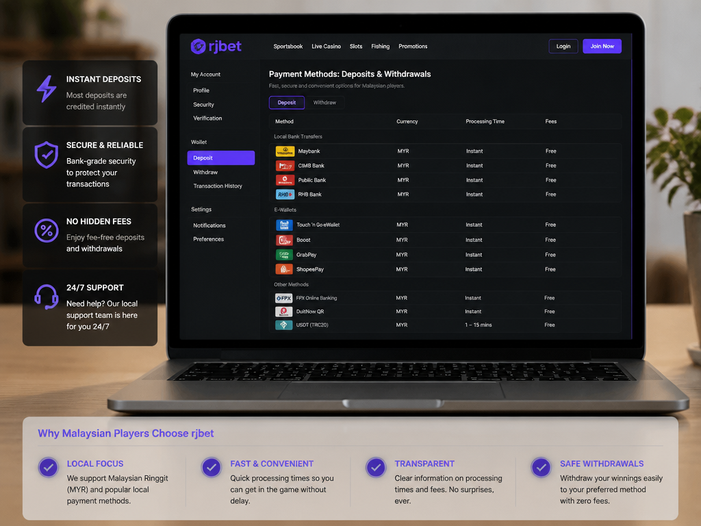 Photo-realistic image illustrating the topic of the article section "Payment Methods: Deposits and Withdrawals" (about the online casino brand "rjbet"): Describe supported deposit/withdrawal options (local banks, e-wallets, etc.), currencies (MYR likely), processing times, and any fees. Highlight convenience for Malaysian players. Address missing info from competitors.
